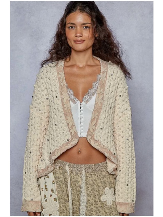 POL Sweaters - New: POL Boho Cream Beaded Chenille Crochet Knit Open-Front Lace Trim Cardigan•S